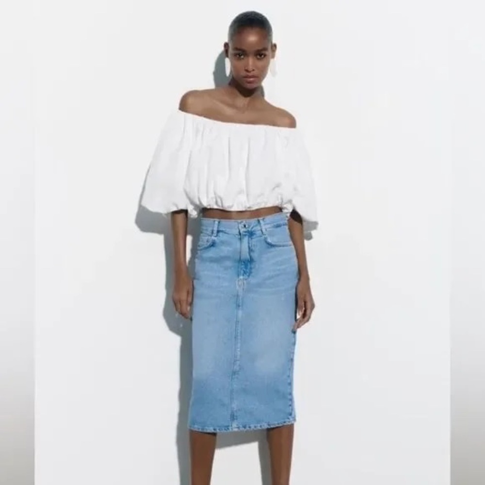 New ZARA White Linen Blend Bohemian Short Balloon Sleeve Lined Top Size M